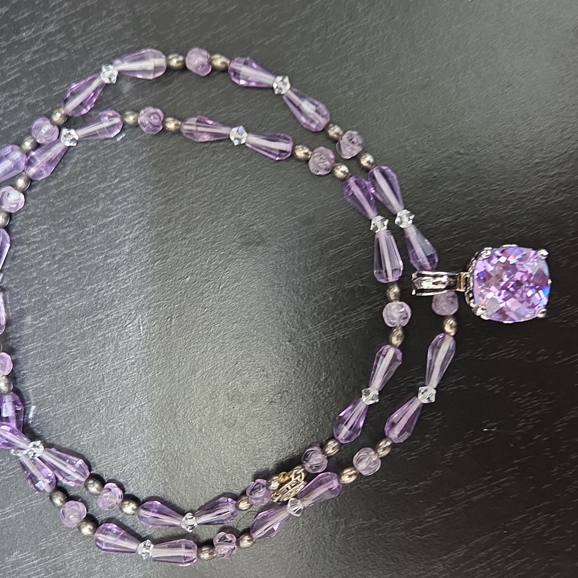 Ametist Genuine Sterling 925purple Beaded Necklace And Big Stone Cz